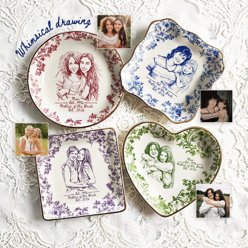 Personalized Mother of the Bride Photo Jewelry Dish, Custom Toile De Jouy Mom Photo Ring Dish, MOB MOG Wedding Gift from Daughter