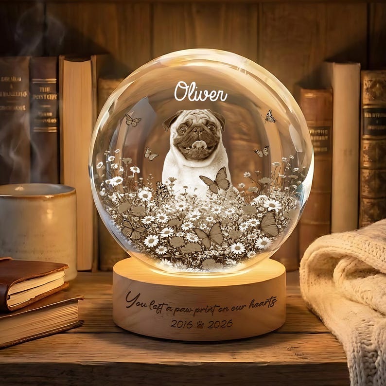 Personalized Dog Memorial Crystal Globe, Custom Pet Tribute, Pet Memorial Night Light, Engraved Pet Keepsake for Dog Lover, Sympathy Gift
