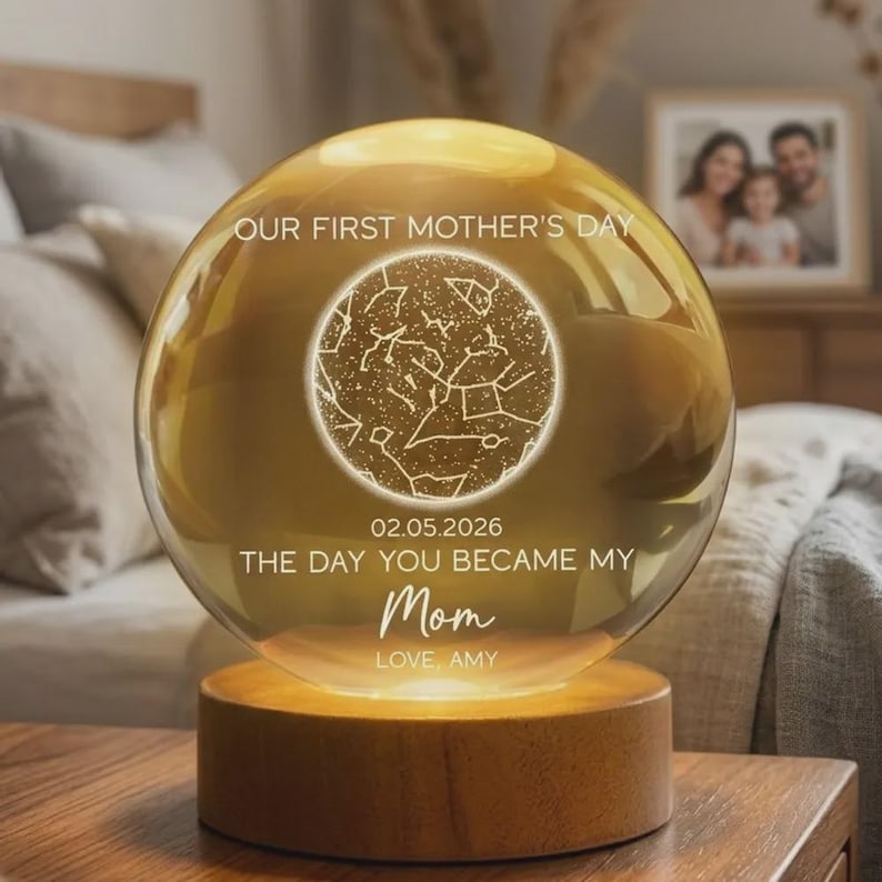 The Day You Became My Mom Custom Star Map First Mother's Day, Personalized Crystal Ball LED Night Light, First Mother's Day Gift For New Mom