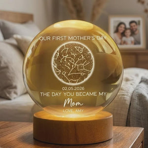 The Day You Became My Mom Custom Star Map First Mother's Day, Personalized Crystal Ball LED Night Light, First Mother's Day Gift For New Mom