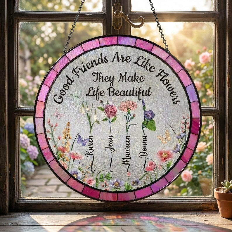 Personalized Good Friend Stained Glass Suncatcher Custom Floral Window Hanging with Names Friendship Gift for Best Friends
