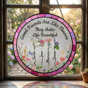 Personalized Good Friend Stained Glass Suncatcher Custom Floral Window Hanging with Names Friendship Gift for Best Friends