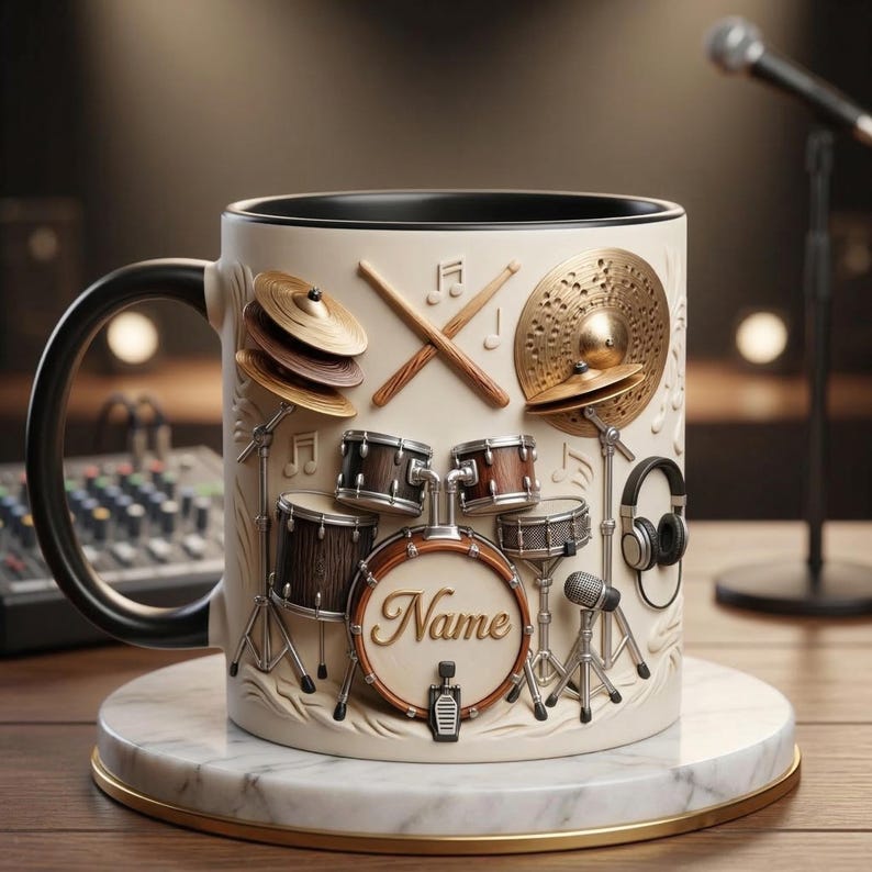 Drummers Mug 3D, Drum Set Coffee Mug, Musician Gift, Faux 3D Mug