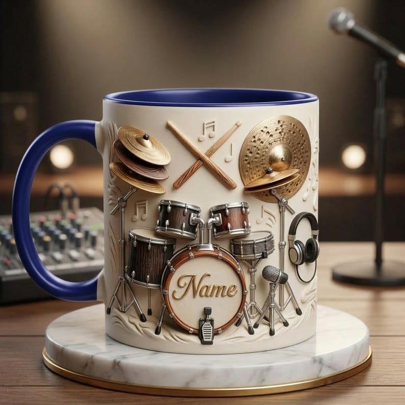 Drummers Mug 3D, Drum Set Coffee Mug, Musician Gift, Faux 3D Mug