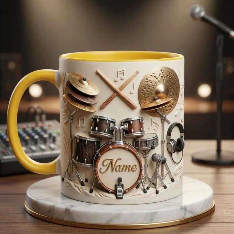 Drummers Mug 3D, Drum Set Coffee Mug, Musician Gift, Faux 3D Mug
