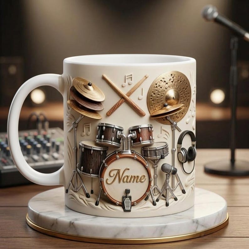 Drummers Mug 3D, Drum Set Coffee Mug, Musician Gift, Faux 3D Mug