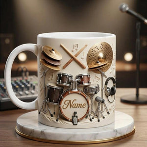 Drummers Mug 3D, Drum Set Coffee Mug, Musician Gift, Faux 3D Mug