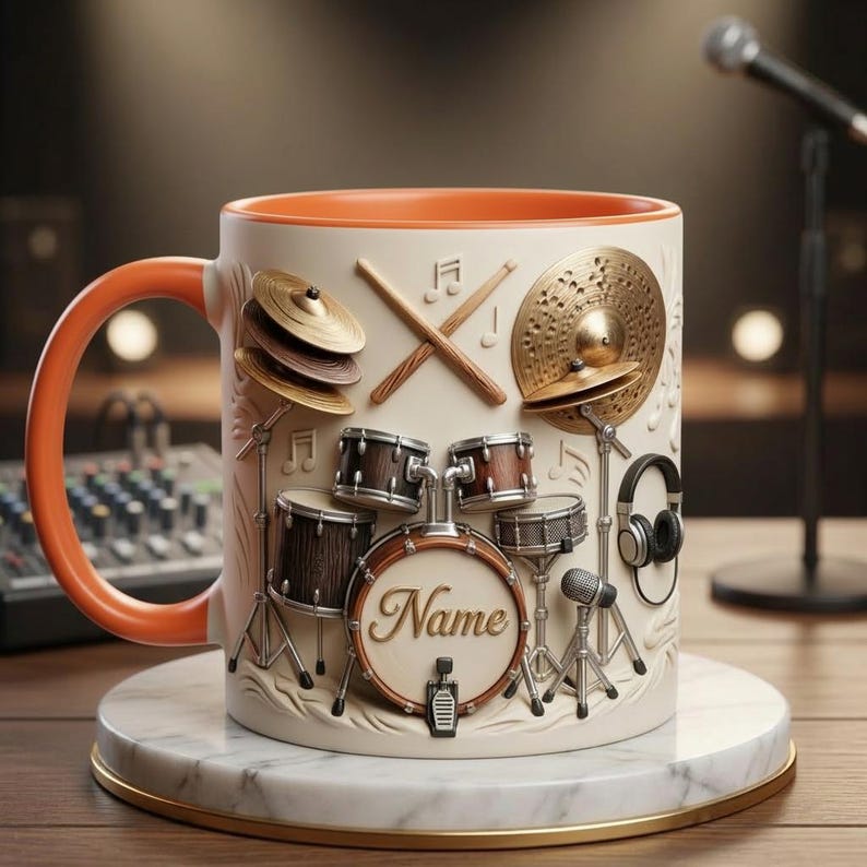 Drummers Mug 3D, Drum Set Coffee Mug, Musician Gift, Faux 3D Mug