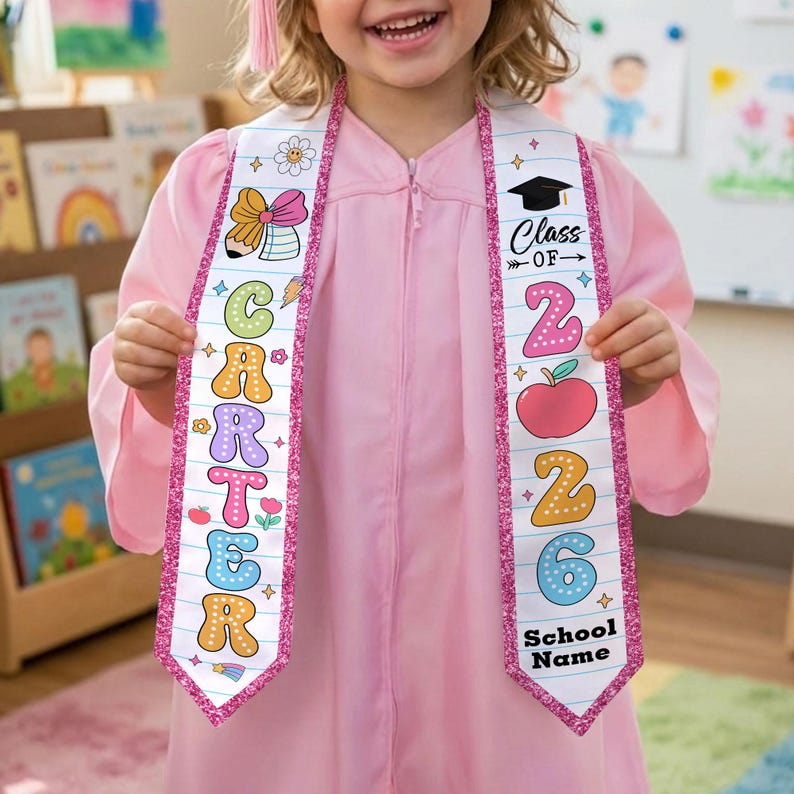 Custom Name Kid Graduation Stole, Grad Gift for Kids, Class of 2026 Kindergarten Stole, Kids Graduation Sash, Preschool Graduation Stole
