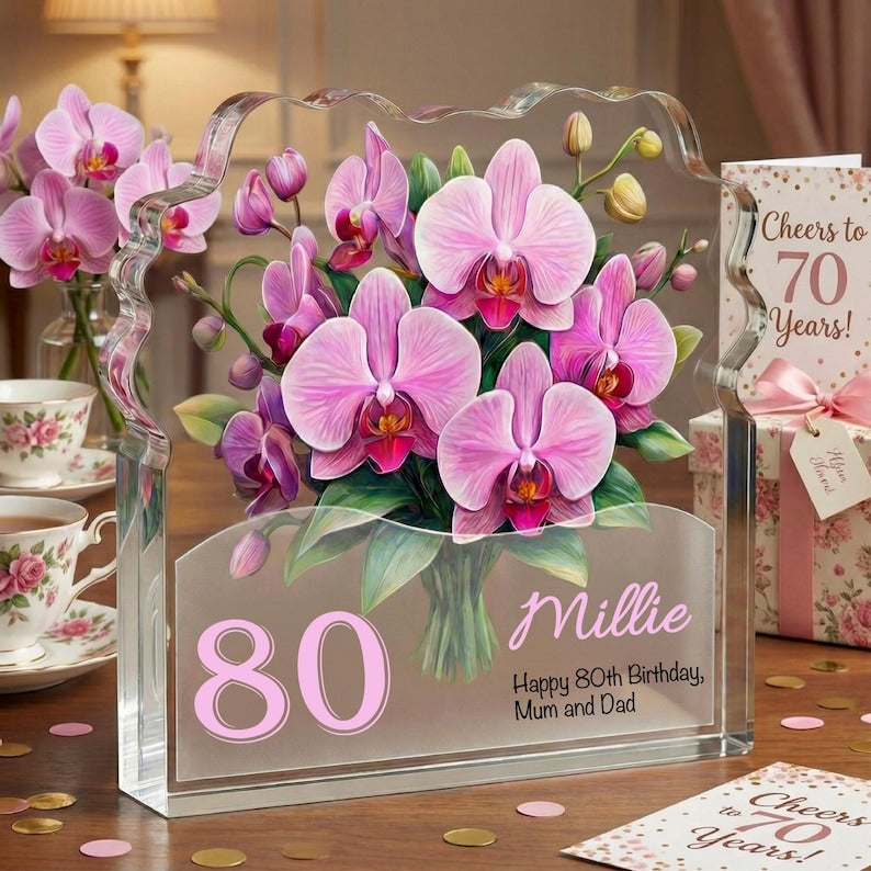 Personalised 80th Birthday Plaque for Her Custom Orchid Acrylic Keepsake 80 Years Loved Gift