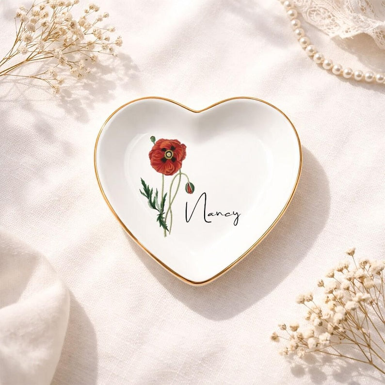 Personalised Birth Flower Trinket Dish, Personalized Birth Flower Ring Dish for Mom, Custom Birth Month Jewelry Dish, Mothers Day Gift