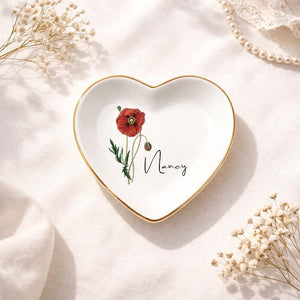 Personalised Birth Flower Trinket Dish, Personalized Birth Flower Ring Dish for Mom, Custom Birth Month Jewelry Dish, Mothers Day Gift