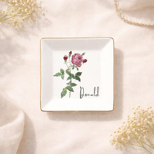 Personalised Birth Flower Trinket Dish, Personalized Birth Flower Ring Dish for Mom, Custom Birth Month Jewelry Dish, Mothers Day Gift