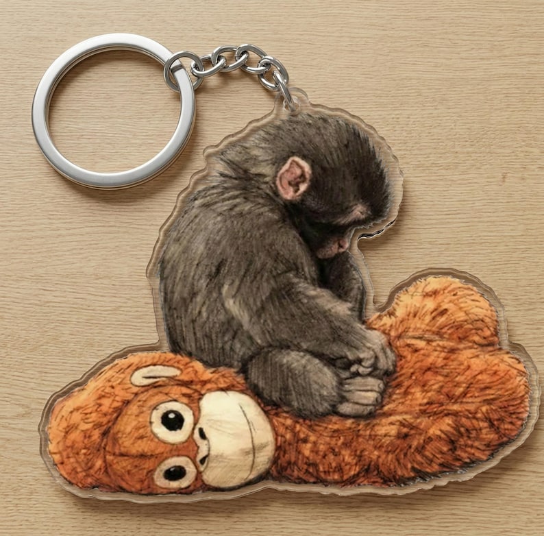 Team Punch Keychain, Baby Monkey Punch Acrylic Keychain, Viral Cute Baby Monkey Punch Hugging Stuffed Custom Shape Acrylic Keychain