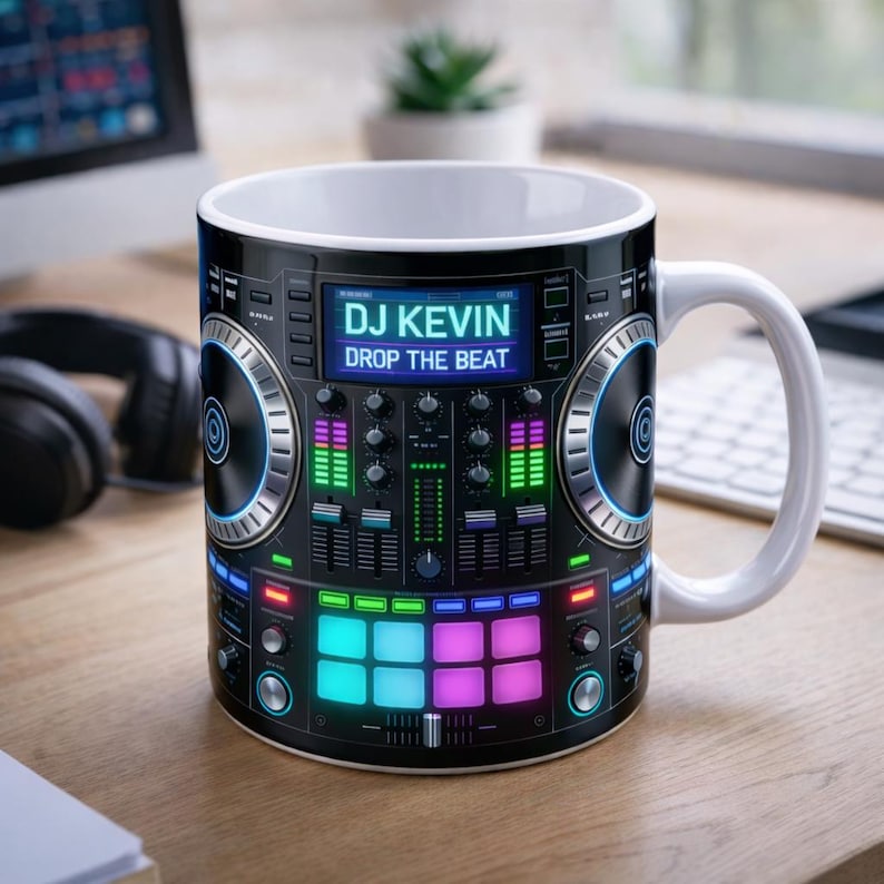 Personalized DJ Mug, Custom Name DJ Coffee Cup, Music Producer Gift, Drop The Beat Mug for EDM Lover