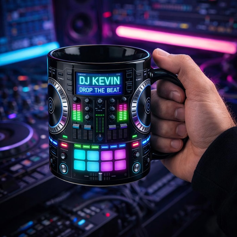 Personalized DJ Mug, Custom Name DJ Coffee Cup, Music Producer Gift, Drop The Beat Mug for EDM Lover