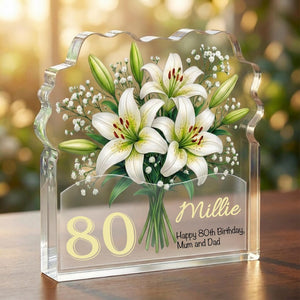 Personalised 80th Birthday Lily Plaque Custom Acrylic Floral Keepsake Gift for her