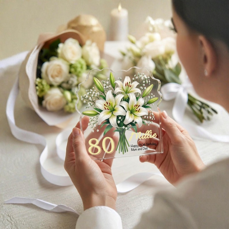 Personalised 80th Birthday Lily Plaque Custom Acrylic Floral Keepsake Gift for her