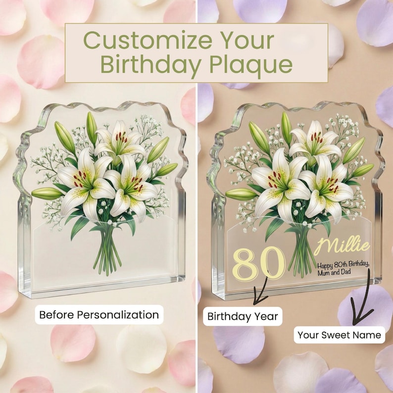 Personalised 80th Birthday Lily Plaque Custom Acrylic Floral Keepsake Gift for her