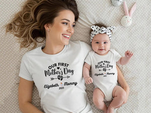 Personalised Matching Our First Mothers Day Shirt, 1st Mother Day Tee and Baby Bodysuit, Custom Mothers Day Gift, Couple New Mom
