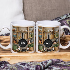 Personalized Chef Mug, Custom Name Kitchen Coffee Cup, 3D Cooking Shelf Design Gift for Dad Husband