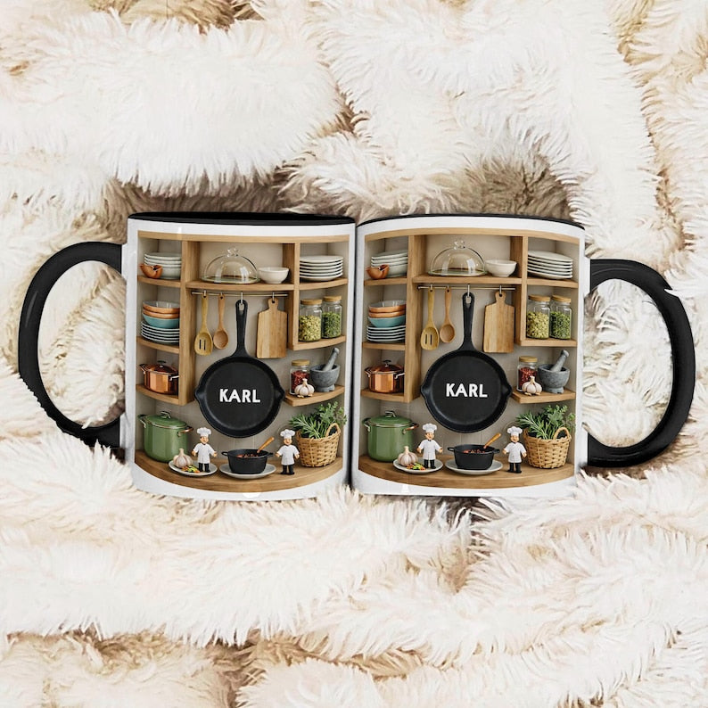 Personalized Chef Mug, Custom Name Kitchen Coffee Cup, 3D Cooking Shelf Design Gift for Dad Husband