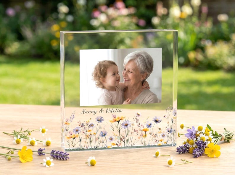 Personalised Acrylic Name Plates With Photo for Nanny, Floral Keepsake Gift from Grandkids, Mother s day gift idea, Birthday or Mother s Day