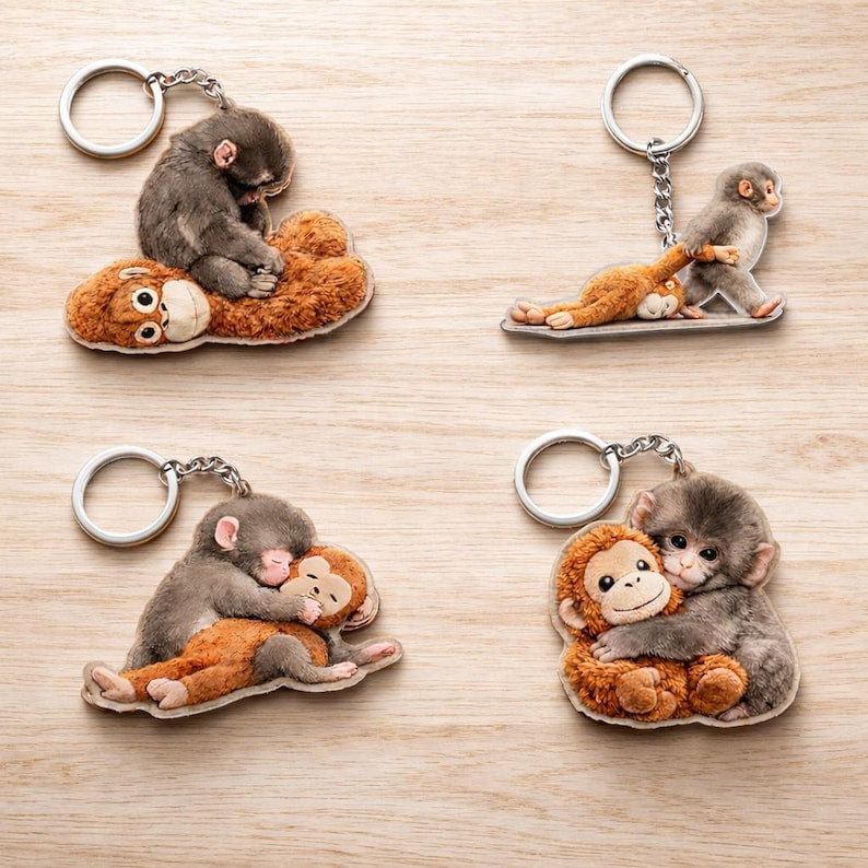 Team Punch Keychain, Baby Monkey Punch Acrylic Keychain, Viral Cute Baby Monkey Punch Hugging Stuffed Custom Shape Acrylic Keychain
