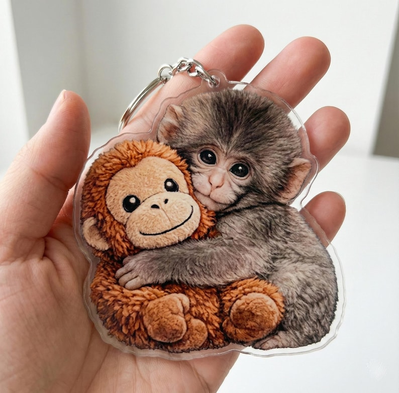 Team Punch Keychain, Baby Monkey Punch Acrylic Keychain, Viral Cute Baby Monkey Punch Hugging Stuffed Custom Shape Acrylic Keychain