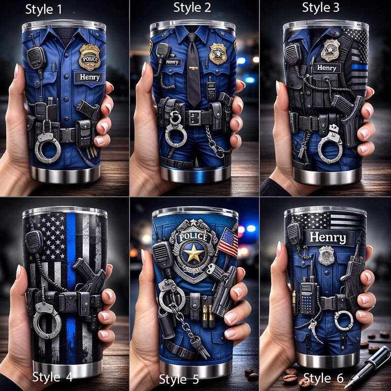 Personalized Police Officer Tumbler 20oz, Custom Cop Uniform Cup with Name, Thin Blue Line Gift for Law Enforcement
