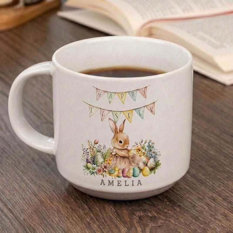 Easter Mugs With Name, Personalised Easter Kids Mug, Personalised Bunny Mug, Custom Name Mug, Easter Pottery Mug, Easter Coffee Mug
