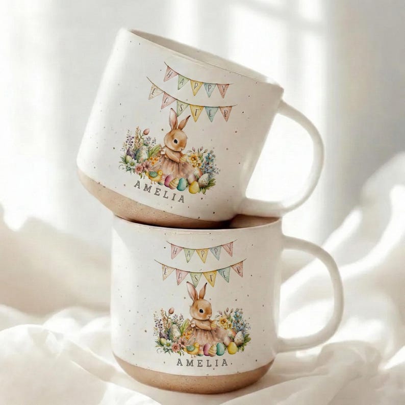 Easter Mugs With Name, Personalised Easter Kids Mug, Personalised Bunny Mug, Custom Name Mug, Easter Pottery Mug, Easter Coffee Mug