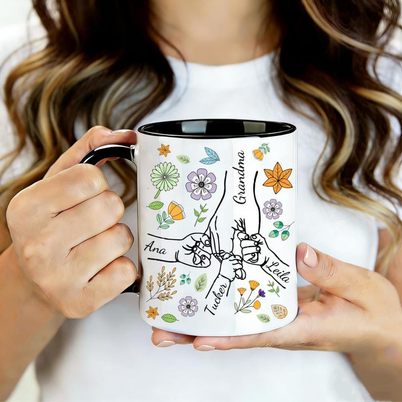 Mother's Day Mom Mug, Personalised Kids Name Coffee Cup, Hand Holding Floral Gift for Mum, Grandma, Nanny, Granny ( up to 6 children )