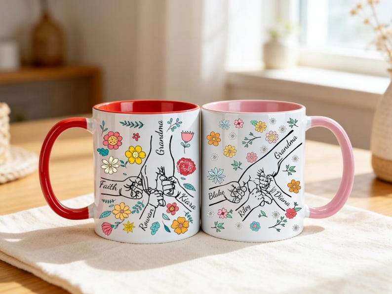 Mother's Day Mom Mug, Personalised Kids Name Coffee Cup, Hand Holding Floral Gift for Mum, Grandma, Nanny, Granny ( up to 6 children )