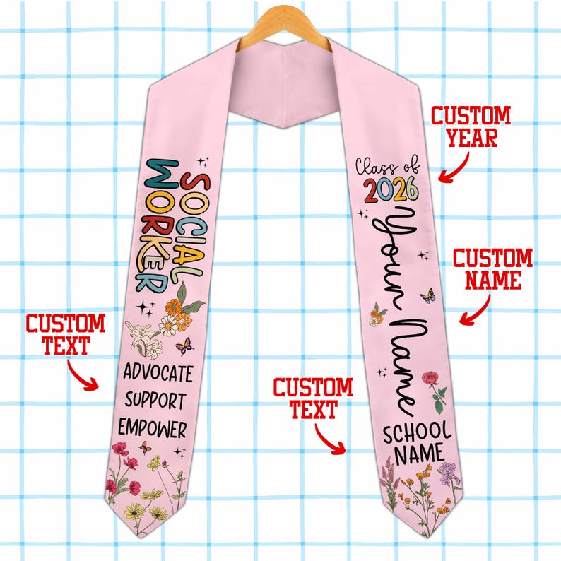 Custom Social Worker Graduation Stole Class of 2026, Wildflower Social Work Grad Sash, Advocate Support Empower, MSW BSW Graduation Gift