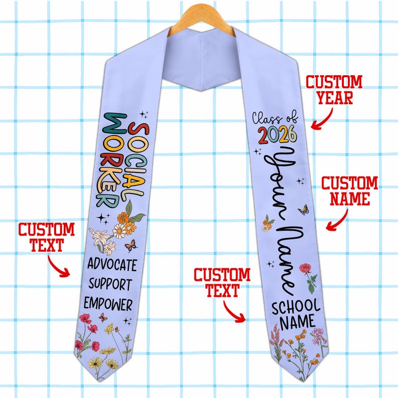 Custom Social Worker Graduation Stole Class of 2026, Wildflower Social Work Grad Sash, Advocate Support Empower, MSW BSW Graduation Gift