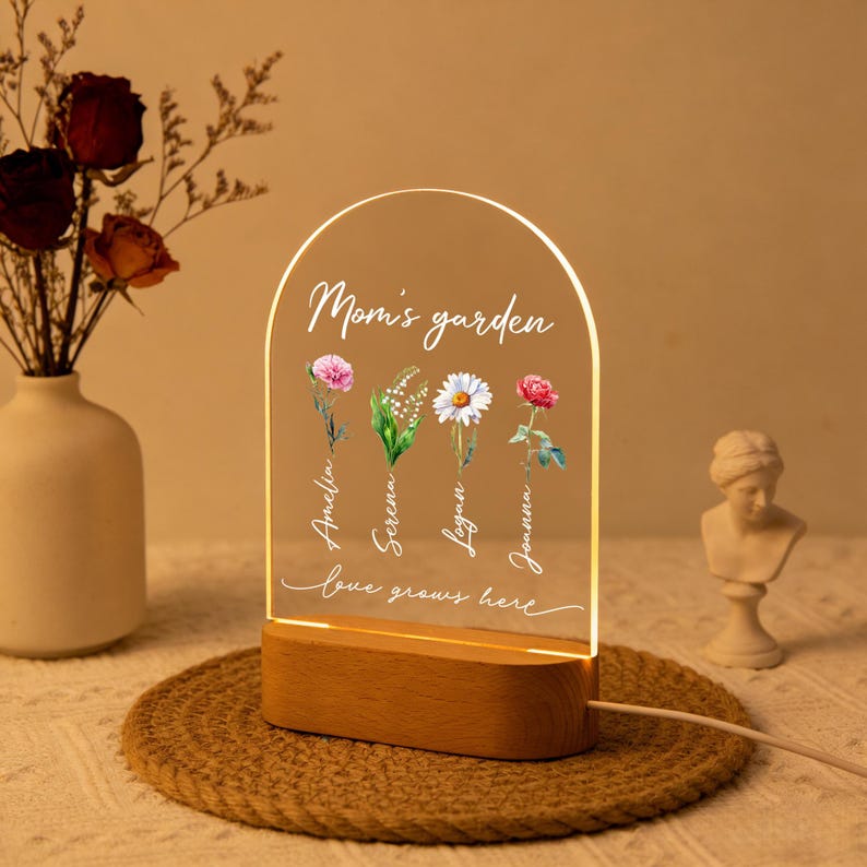 Custom Grandma's Garden Night Light, Birth Flower Lamp with Kid's Names, Mother's Day Gift, Gift for Grandma, Family Memorial Decor