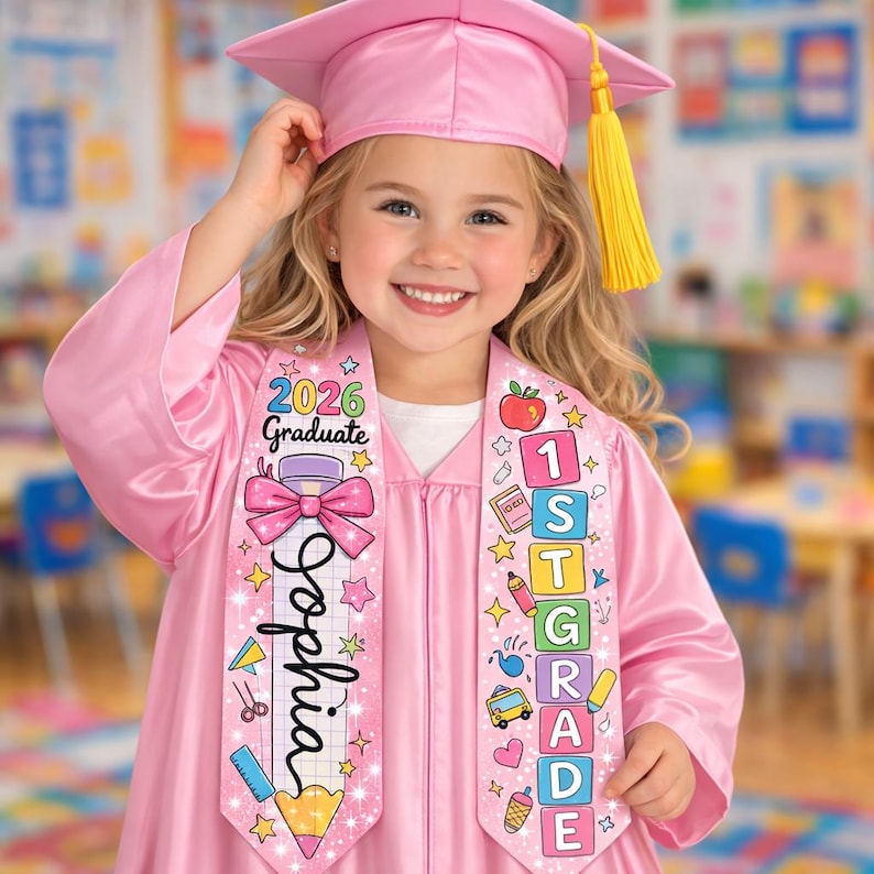 Personalized Kid Pencil Boy Girl Pre-K Grad Gift, Custom Class Of 2026 Kindergarten Stole, Pencil Graduation Stole, Name Kid Grad Stole