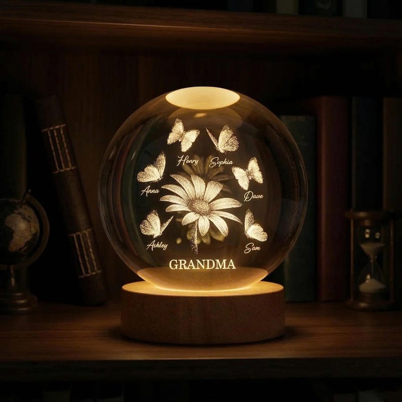 Personalized Grandma Gift, Daisy and Butterfly Crystal Ball Night Light, Custom Grandkids Names, Mothers Day Gift for Nana Granny Nanny