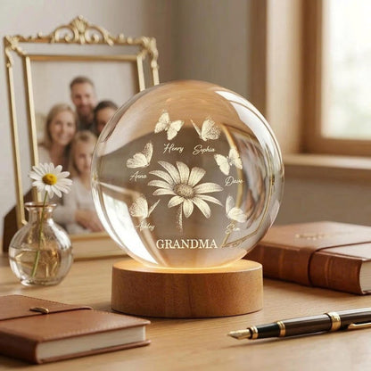 Personalized Grandma Gift, Daisy and Butterfly Crystal Ball Night Light, Custom Grandkids Names, Mothers Day Gift for Nana Granny Nanny