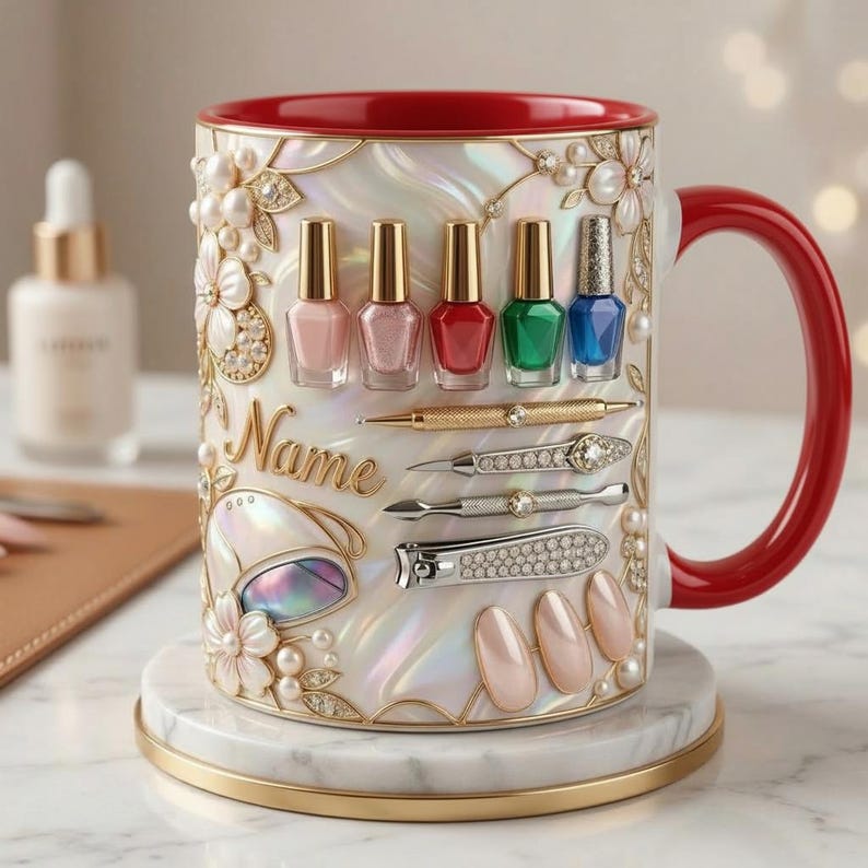 Nail Tech Mug 3D, Custom Name Nail Artist Cup, Gift for Nail Technician Lover, Faux 3D Mug