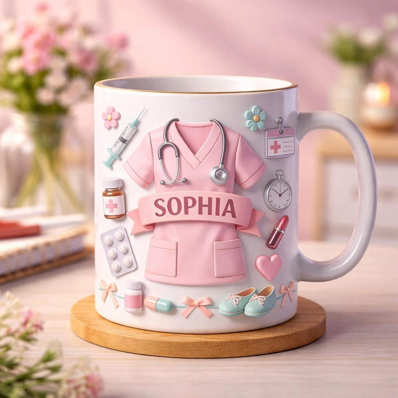 Personalized Nurse Mug, Custom Name Nurse Coffee Mug, Cute Pink Scrubs Mug, Gift For Nurse Graduation Or Nurse Appreciation, 3D Effect Mug