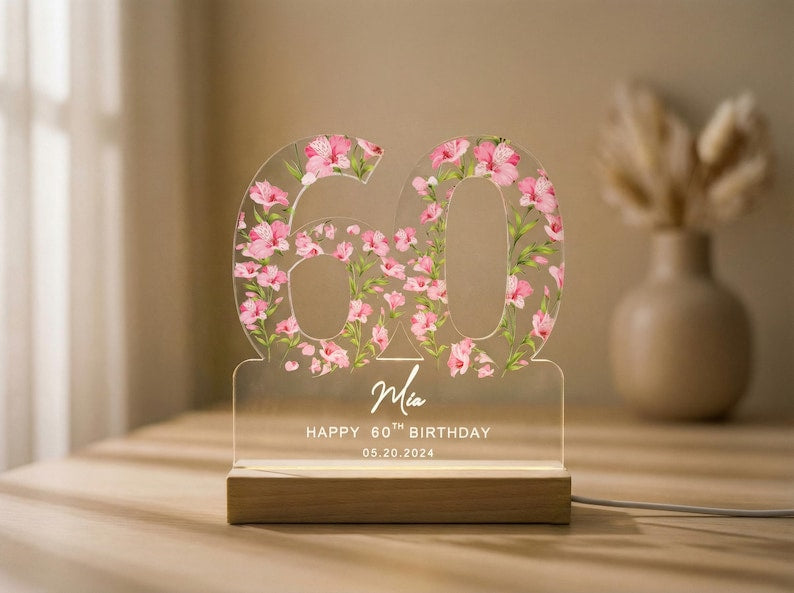 60th Birthday Gift for Grandma Gift, Personalized Birthday Light For Any Age, Custom Flower Night Lamp, Mothers Day Gifts