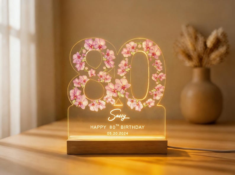 80th Birthday Gift for Grandma, Personalized Birthday Light Mom, Flower Decor, Mothers Day Gifts