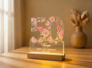 50th Birthday Gift for Women, Personalized Birthday Light For Any Age, Custom Pink Flower Night Lamp, Mom Gifts