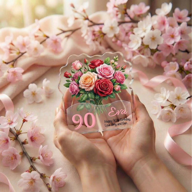 Personalised 90th Birthday Plaque Rose Floral Gift for Her