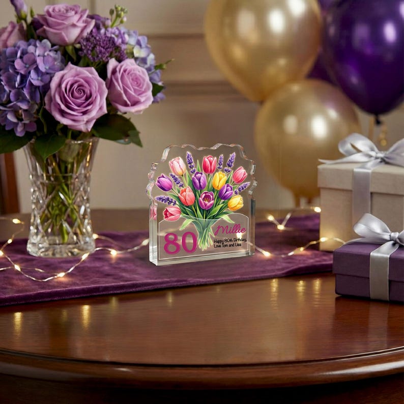 Personalised 80th Birthday Plaque Floral Tulip Acrylic Gift for Her