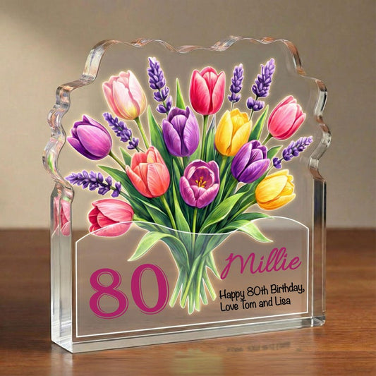 Personalised 80th Birthday Plaque Floral Tulip Acrylic Gift for Her