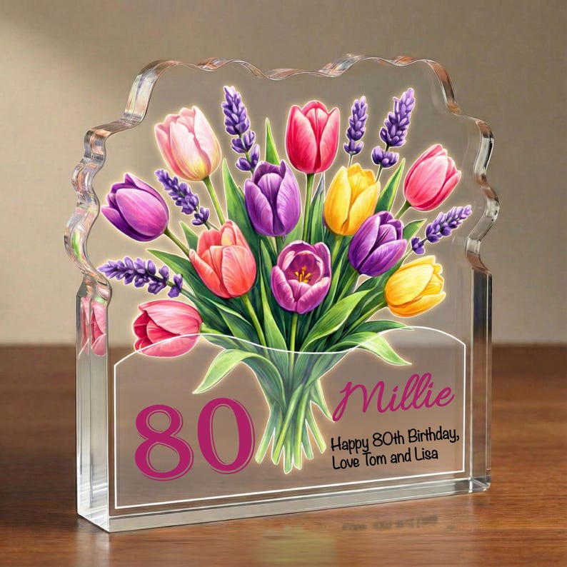 Personalised 80th Birthday Plaque Floral Tulip Acrylic Gift for Her