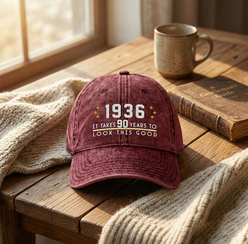 90th Birthday Gift Custom Embroidered Hat Aged to Perfection 1936 Personalized Vintage Dad Hat